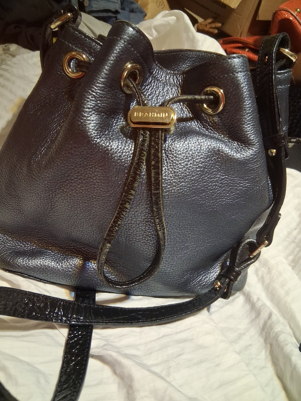 Rare Vintage Brahmin drawstring bucket bag metallic pewter pebbled leather